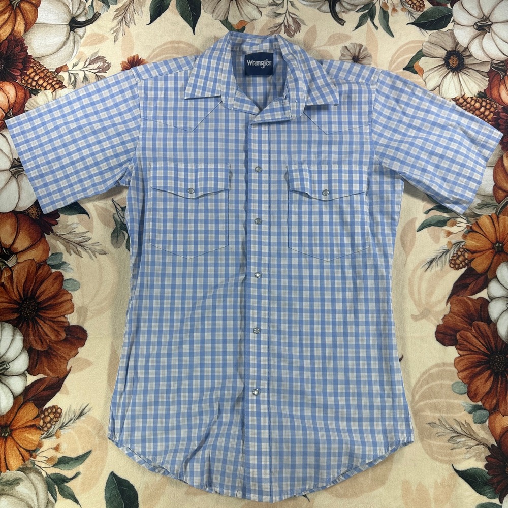 Wrangler Mens Western Pearl Snap Shirt Blue White Plaid Short Sleeve Medium
